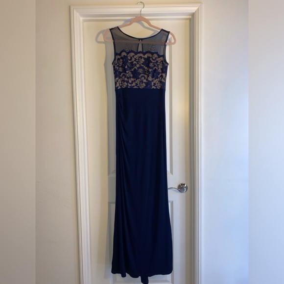 * FINAL PRICE *Eliza J navy blue and tan floral lace maxi dress, size 6 - Picture 1 of 4